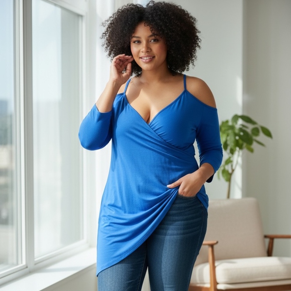 AJA Asymmetrical Slinky Ocean Blue Top• 1X-3X